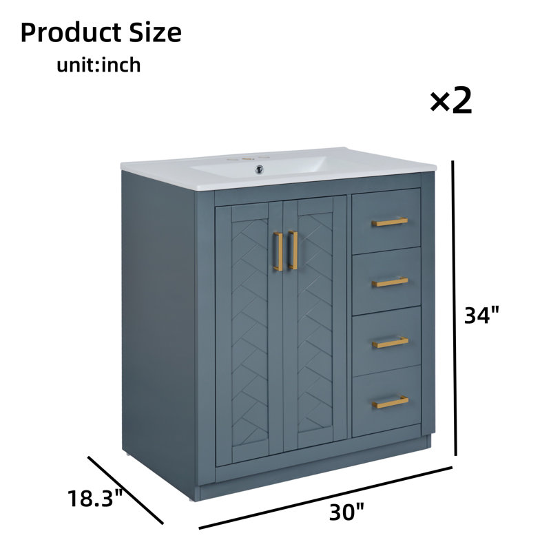 Ensemble de meuble-lavabo autoportant en bois massif de 60 pouces (avec lavabo autoportant en céramique), avec tiroirs et portes à fermeture en douceur, bleu