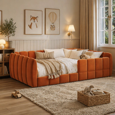 Velvet Upholstered Floor Bed with Guardrail