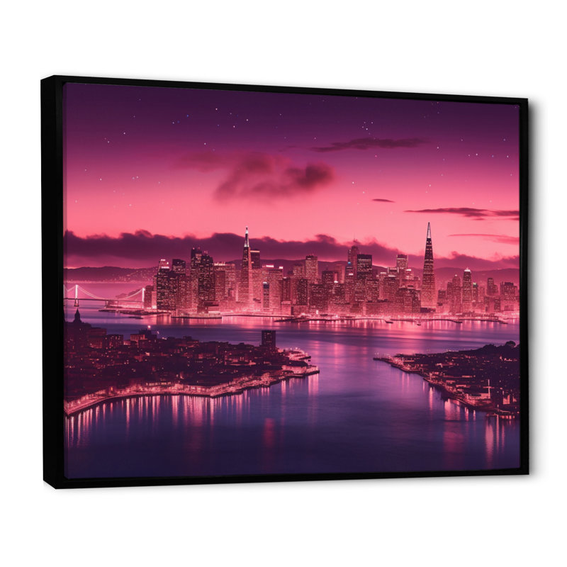 «San Francisco Skyline And Bay Bridge V», reproduction d'art sur toile, H 30 po x l 40 po, Cadre flottant noir