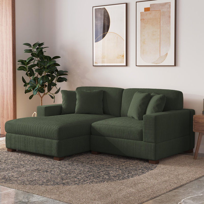 2 - Piece Upholstered Green Corduroy Modular Sectional Sofa with Pillow Back and Solid Wood Legs, Green Corduroy