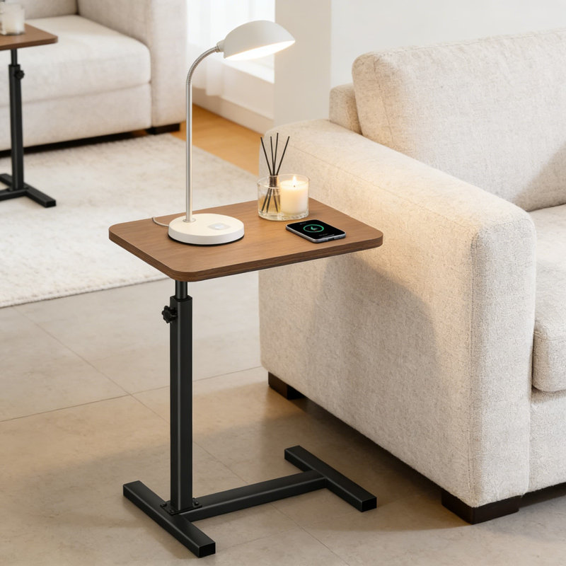 Table d'appoint réglable en forme de C avec plateau de table haute densité et base en acier au carbone, plateau télé multifonctionnel et table de lit pour le salon, la chambre à coucher et le canapé