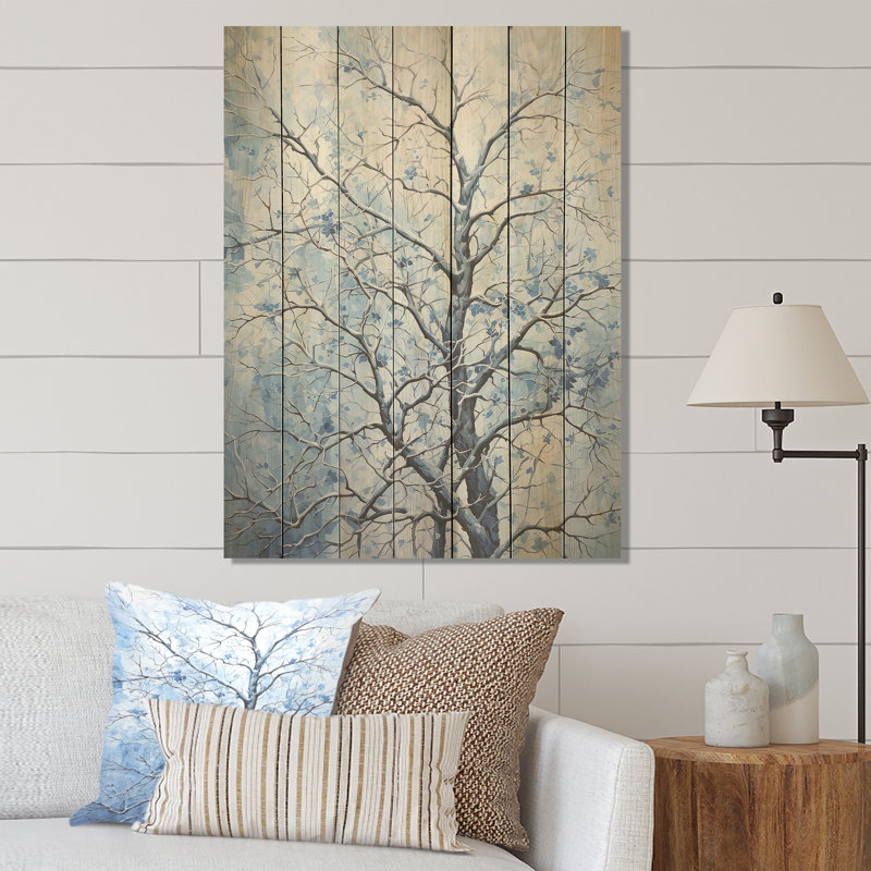 Blue And White Tree Blooms In Winter III - Tree On Wood Print, 20" H x 10" W