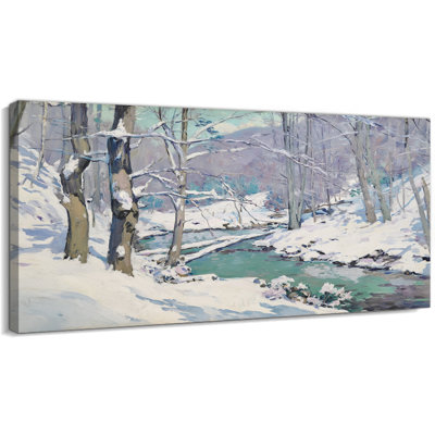  «Winter Scene», art mural sur toile, paysage enneigé de Noël, photo Tranquil Creek, affiche de décoration murale pastel frais, œuvre d'art de la nature paisible pour le salon et la chambre à coucher, 48 po x 24 po