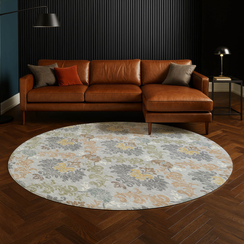 Machine Washable Indoor/Outdoor Chantille ACN2544 Damask Rug, Silver, Round 8'