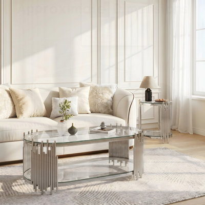 Ensemble de tables basses et tables d'appoint Modern Luxury, 2 tables gigognes ovales en verre avec tiges verticales en métal et finition chrome poli pour le bureau du salon