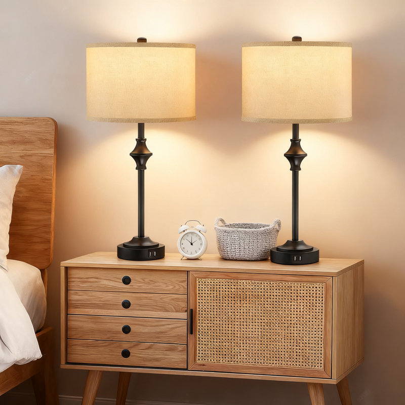 Ensemble de 2 lampes de table de style campagnard avec 3 ampoules DEL à changement de couleur et 2 ports de charge USB pour la table de chevet du salon