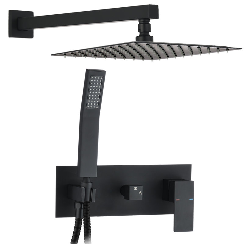 Shower System Wall Mounted - Matte Black, 10" Rain Shower, Hand 1.5 Gpm Flow, Brass Material, Residential Use Black 10 Inch Adjustable Flow Rate, Construction, Diverter Valve