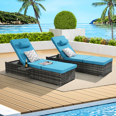 Outdoor Chaise Lounge With Table. Corrosion , Comfortable Cushion, Backyard Poolside Furniture 2 Foldable, Frame, High Patio Pool Chairs, Gray