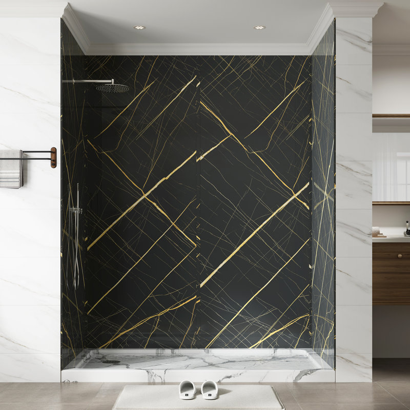 36" X 60" X 80" Three Panel Shower Wall Panel Surround Kit Black and Gold Marble Pattern