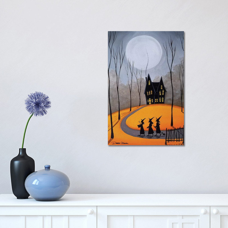 « Three Little Witches » par Debbie Criswell, reproduction d’art, H 18 po x l 12 po x 1,5 po, Toile tendue, Pas de tapis