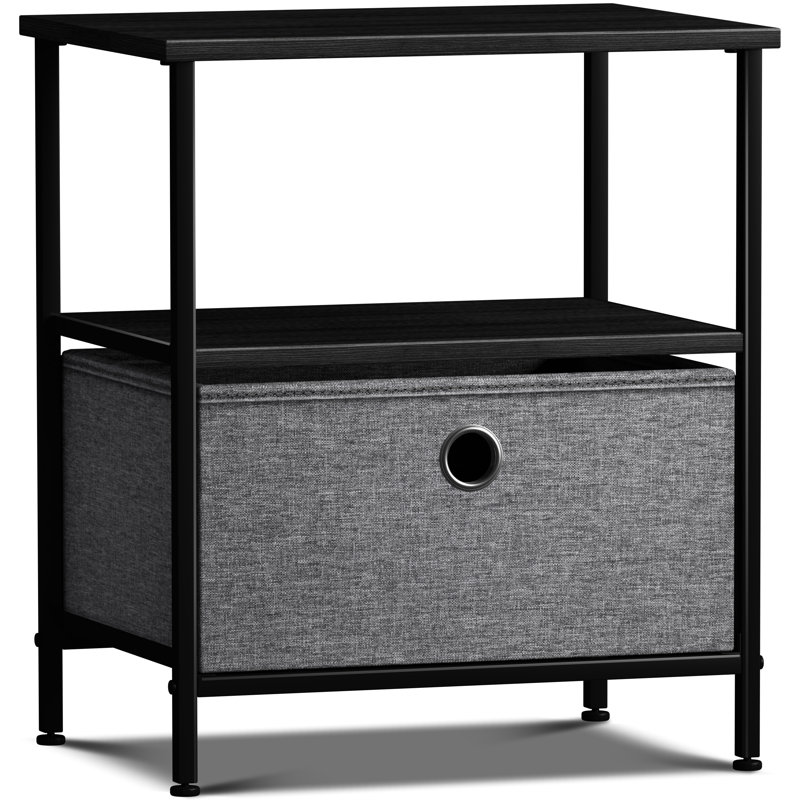 Sorbus 1 Drawer and Shelves Nightstand with Steel Frame, Wood Top & Fabric Bins - Black, Black