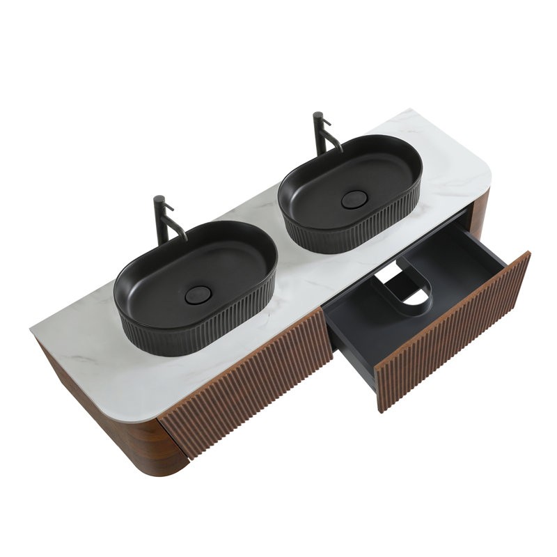 Meuble-lavabo de 60 po avec lavabo, armoire murale avec porte-serviettes gratuit, conception de deux lavabos en céramique rayés ovales noirs, sans drain et robinet, pré-assemblé