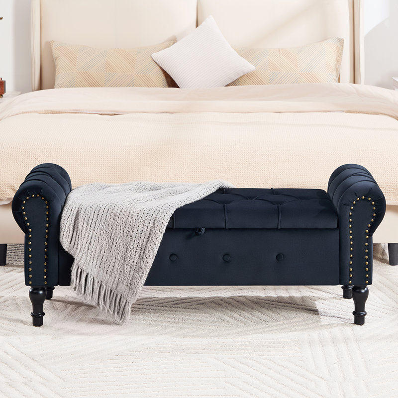 Elegant Upholstered Storage Bench with Roll Arms and Stylish Stitching & Button Design, Black
