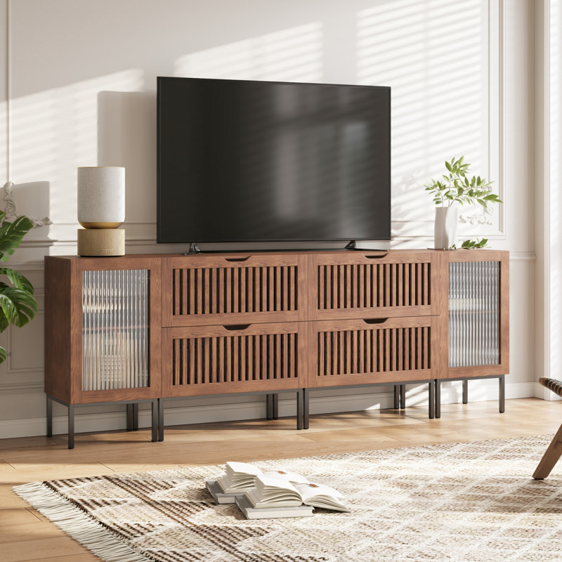 87" Buffet Cabinet,modern Storage Sideboard With Glass Doors And Drawers, Wood Credenza Accent Console Coffee Bar For Kitchen,living Room,hallway,brown