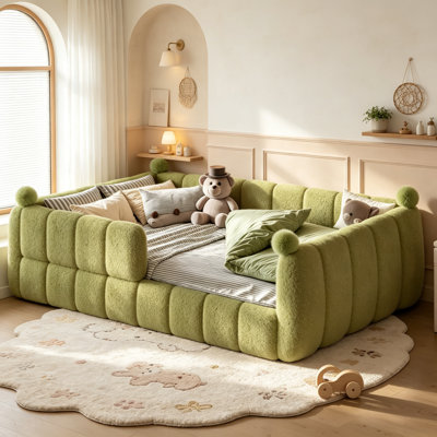 Kids Upholstered Floor Bed with Padded Guardrails, Montessori Floor Bed with Full Rails for Boys Girls, Full Size, Green
