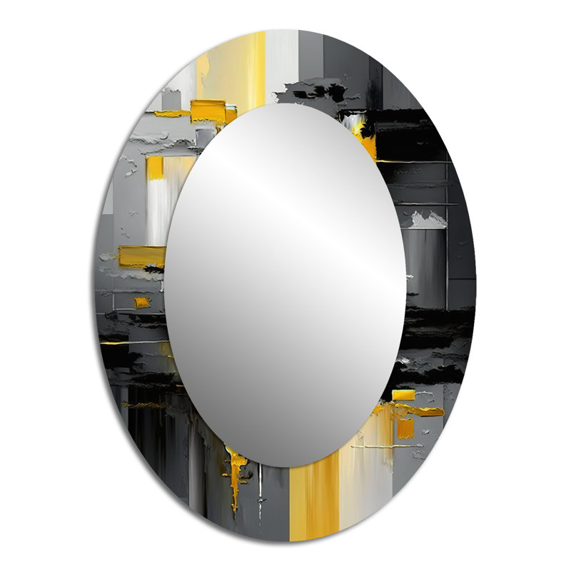 Abstract Geometric Black And Yellow V - Abstract Oval Decorative Mirror On Metal, 40" x 30"