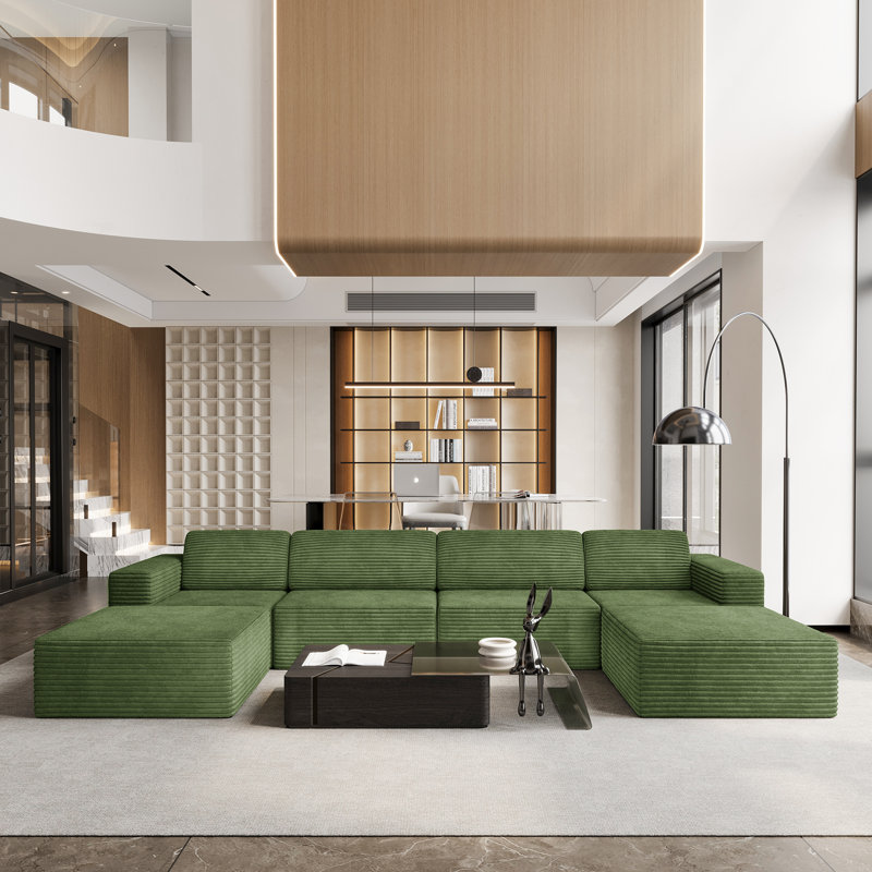 Modular Corduroy 404cm 4-seater Sofa With 2 Ottomans, No Assembly Required, With High Rebound Sponge, Green
