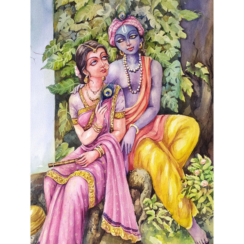 Radha Krishna assise sous un arbre | Aquarelle de Sarat Shaw
