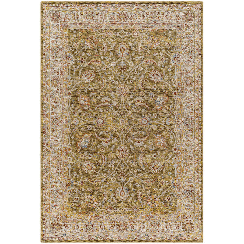 Tapis oriental en polyester tissé à la machine Bower en olive / crème / brun foncé, Rond 5 pi 3 po