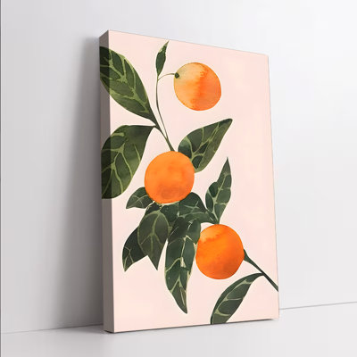 1 pièce, art mural, affiche, aquarelle, fruit orange, art mural, impression botanique moderne pour cuisine, salon, peinture vibrante d'agrumes avec feuilles vertes sur fond rosé, décoration