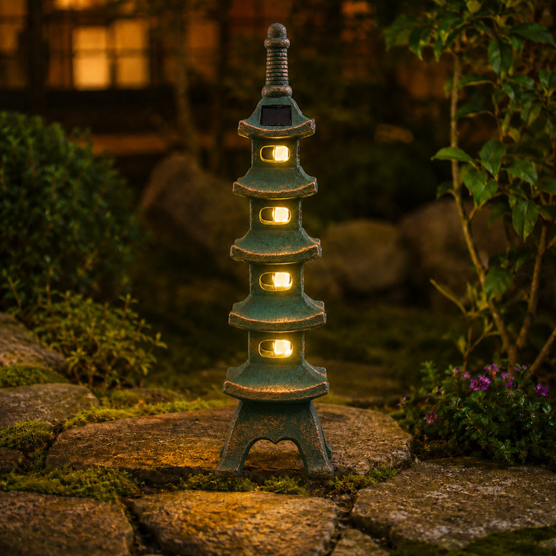 Statue de jardin pagode solaire à couches multiples en résine imperméable 25,4 po h - décoration de jardin pour patio (bronze)