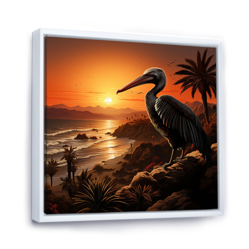 Coucher de soleil sur le rivage, Pelican Harmony II - Pelican, art mural, Cadre flottant blanc, 30" H x 30" W