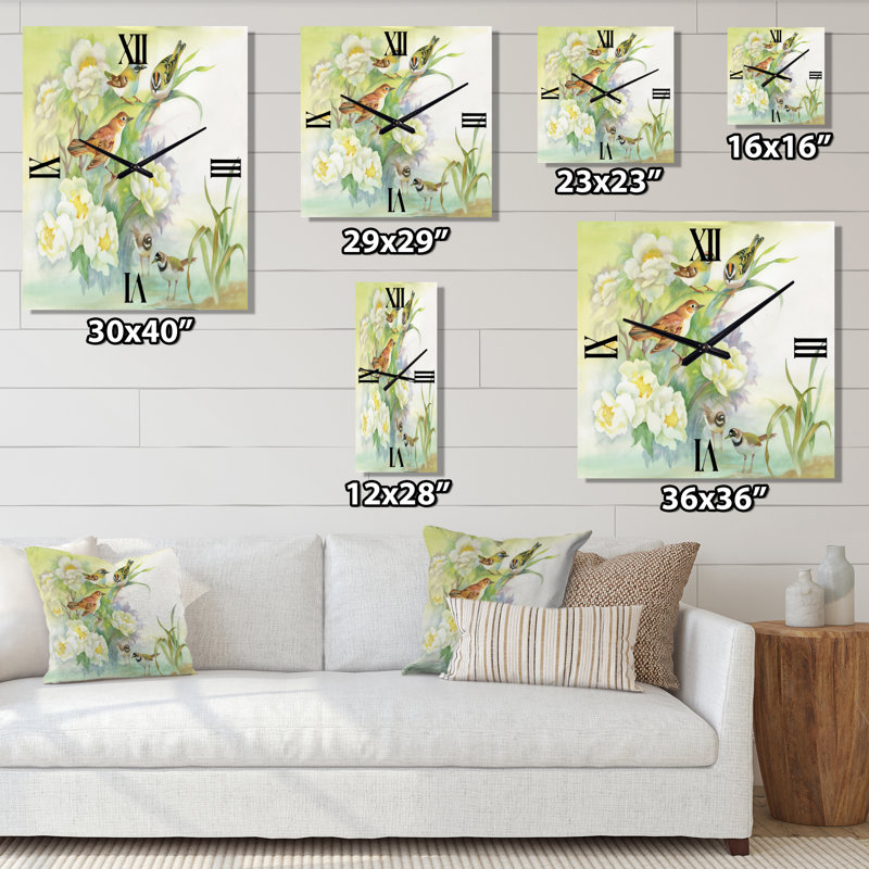 Horloge murale fleurs et oiseaux dans un paysage rustique, Grand
