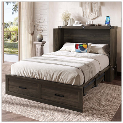 Armoire lit double escamotable Murphy avec station de charge, lit plateforme pliable multifonctionnel avec grand tiroir de rangement pour les chambres d'amis et les petites chambres