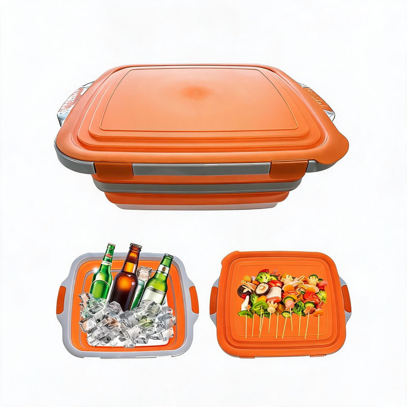 XL Collapsible BBQ Prep Tub with Lid, Folding Wash Basin for Camping & Outdoor Meal Prep - Built-In Cutting Board - Portable Plastic Kitchen basin Bin, 30L