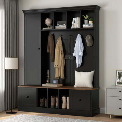 Arbre d'entrée 62,2 po avec banc de rangement pour chaussures | Organisateur d'entrée 5 en 1 avec portemanteau, 5 crochets, armoire réglable et tiroirs pour le couloir, le vestibule et le salon
