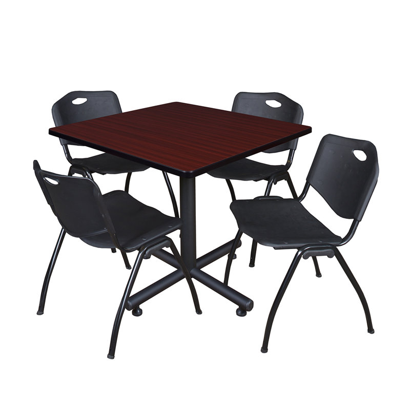 Table de salle de repos carrée Nicklo, chaises empilables 4 M, Acajou, Noir