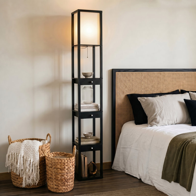 Maxwell 72" Traditional LED Shelf Floor Lamp with Black Finish, 4 Built-In Shelves, 3 Storage Drawers, Bulb Included, Black