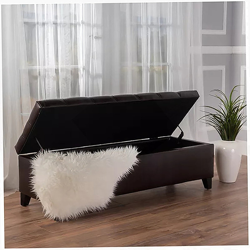 Banc repose-pieds avec rangement, surface en polyuréthane brun foncé, pieds en bois d'hévéa, capacité de 300 lb