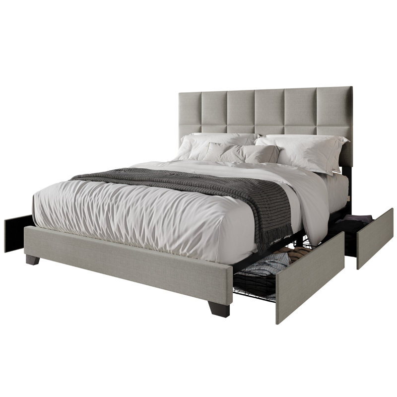 Lit plateforme tapissier avec rangement Lawi, Grand, Gris clair