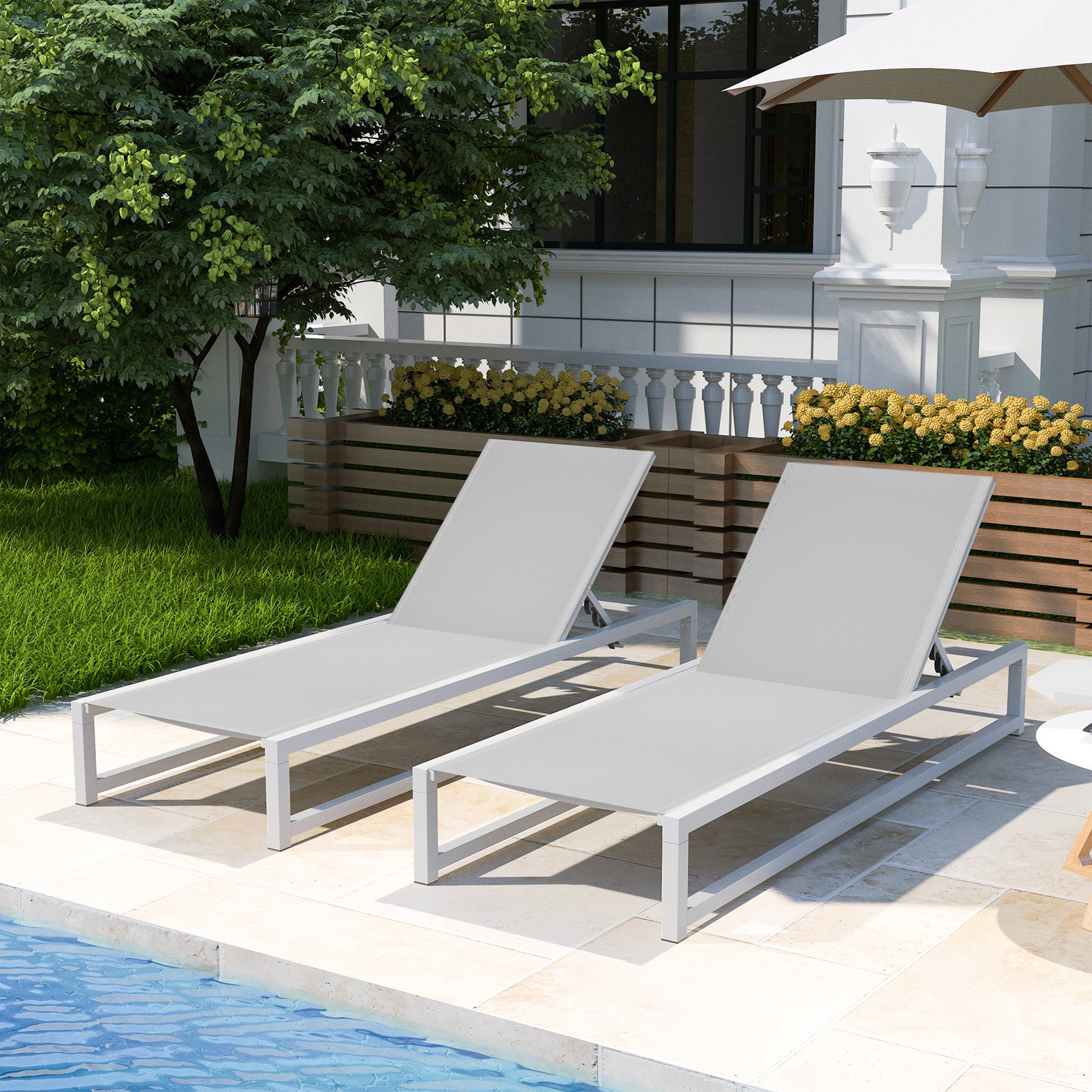 Clian 26.5'' Outdoor Aluminum Chaise Lounge Set, Light Gray/White