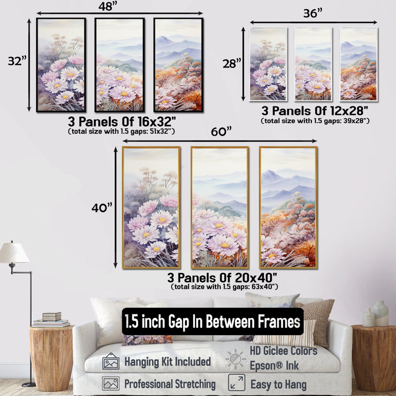 Mums Flowers In Mountain Scenery - Ensemble de décorations murales fleurs, Cadre flottant doré, H 32 po x l 48 po x P 1 po