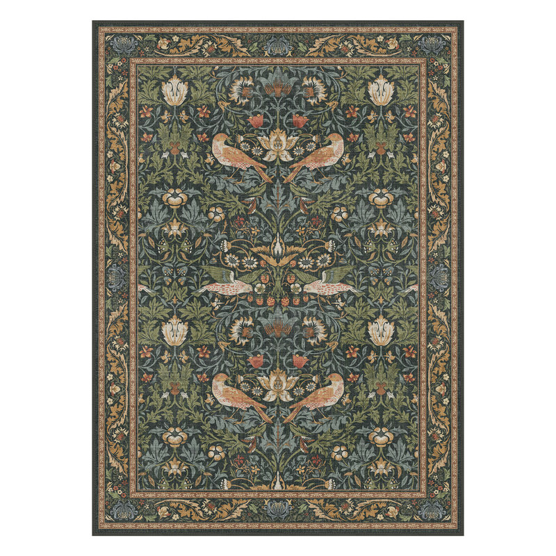  Floral Machine Washable Dark Green/Teal/Orange Indoor Area Rug With Non-Slip Backing, Rectangle 8' x 10'