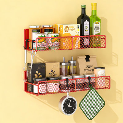 Magnetic Spice Rack For Refrigerator, 2-Pack Heavy Duty Metal Storage Shelf With Hooks, Strong Magnet No Drill Organizer For Kitchen, Laundry Room, Office Space Saving
