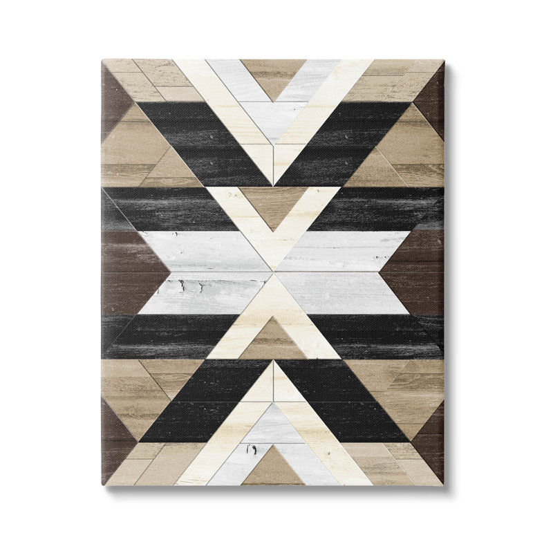 Rustic Linear Aztec Shapes Wooden Wall Art in Beige and Black