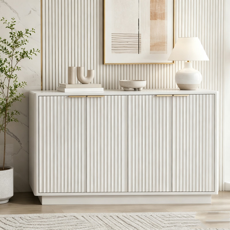 Buffet moderne avec rangement, grand buffet cannelé avec tablettes réglables Modern, Blanc
