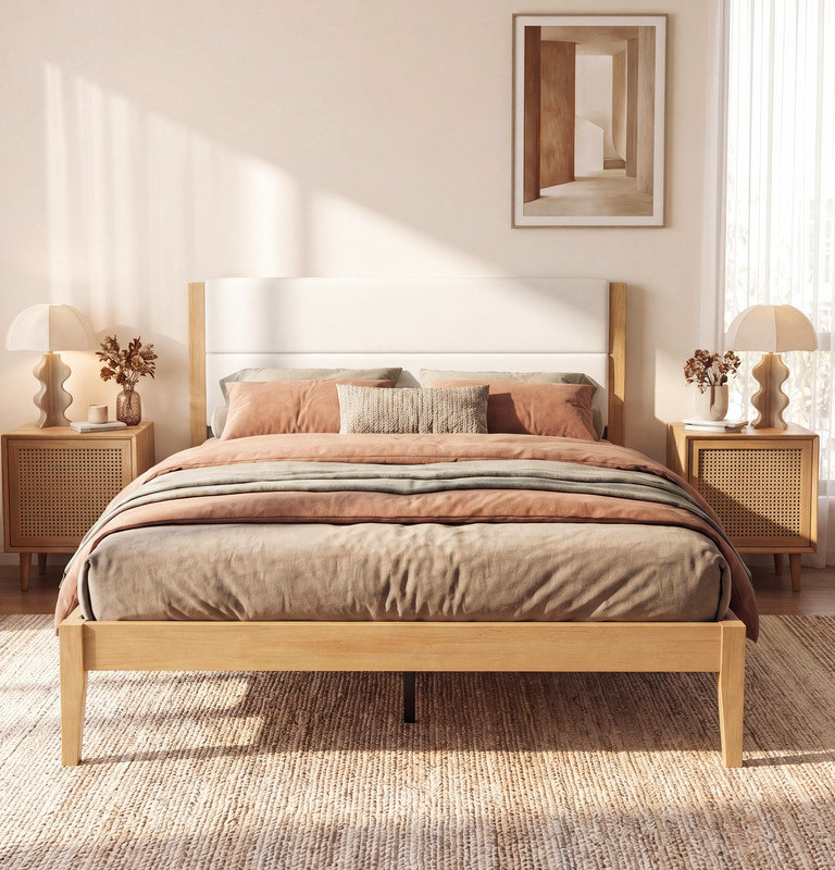 Structure de lit plateforme Mid-Century moderne avec tête de lit tapissier, support de lattes en bois massif, aucun sommier requis, assemblage facile, très grand lit, naturel