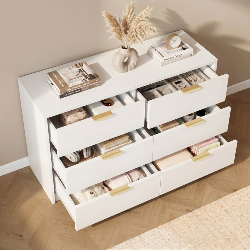 Six-Drawer Double-Row Chest of Drawers, Modern Style White Textured Chest, White