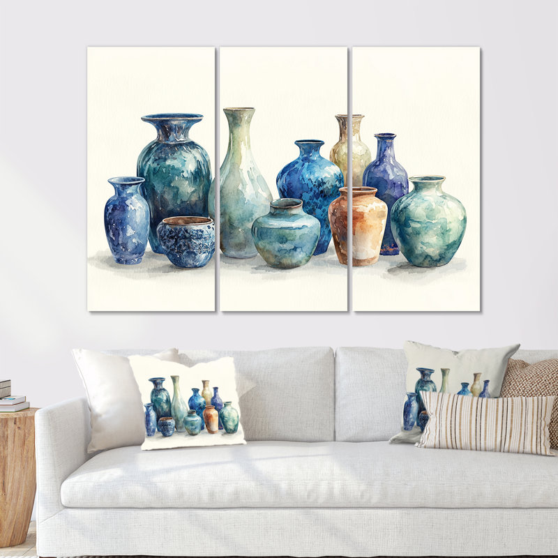 Ensemble de décorations murales vases bleus dans un motif II - Boho Pottery, H 28 po x l 36 po x P 1 po, Toile tendue