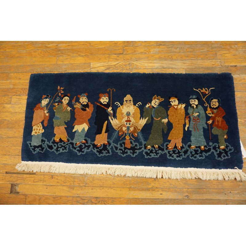 Blue Small Scatter Size Rectangle Knotted Chinese - Peking 1920s Wool Antique Rug