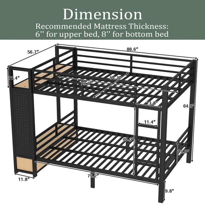 Lit superposé en métal pour les adolescents avec tablettes de rangement, tiroirs et panneau perforé, Double sur double