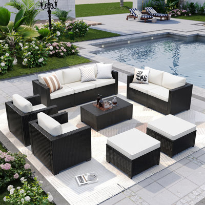 7-Piece Outdoor Patio Furniture Set, Rattan Outdoor Sectional with Thick Waterproof Cushions, Wicker Ottomans & Waterproof Cover, Patio Conversation Set for Garden