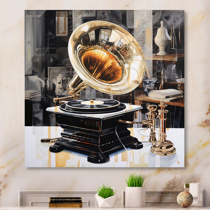 Gold Phonograph Reflections I - reproduction de musique sur métal, H 16 po x l 16 po x P 1 po