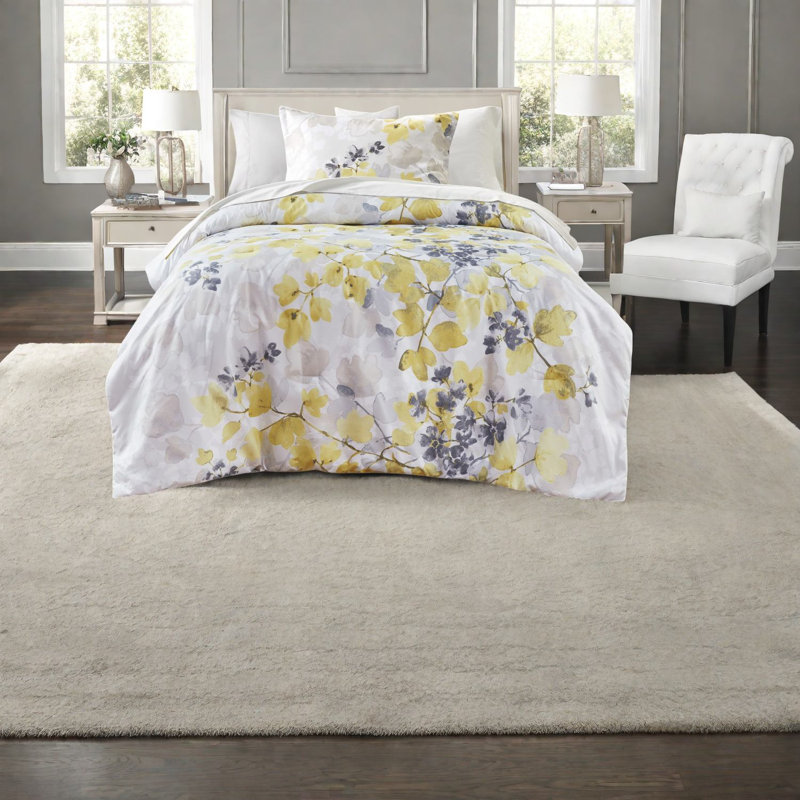 Ensemble de literie hypoallergénique jaune, polyester, design botanique moderne pour la chambre à coucher