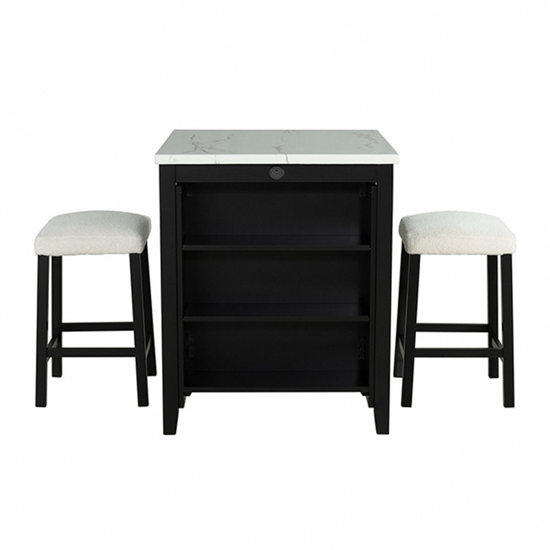 Table de salle à manger noire avec tablettes latérales de rangement et tabourets ultra brillants, ensemble de salle à manger 3 pièces blanc / ivoire