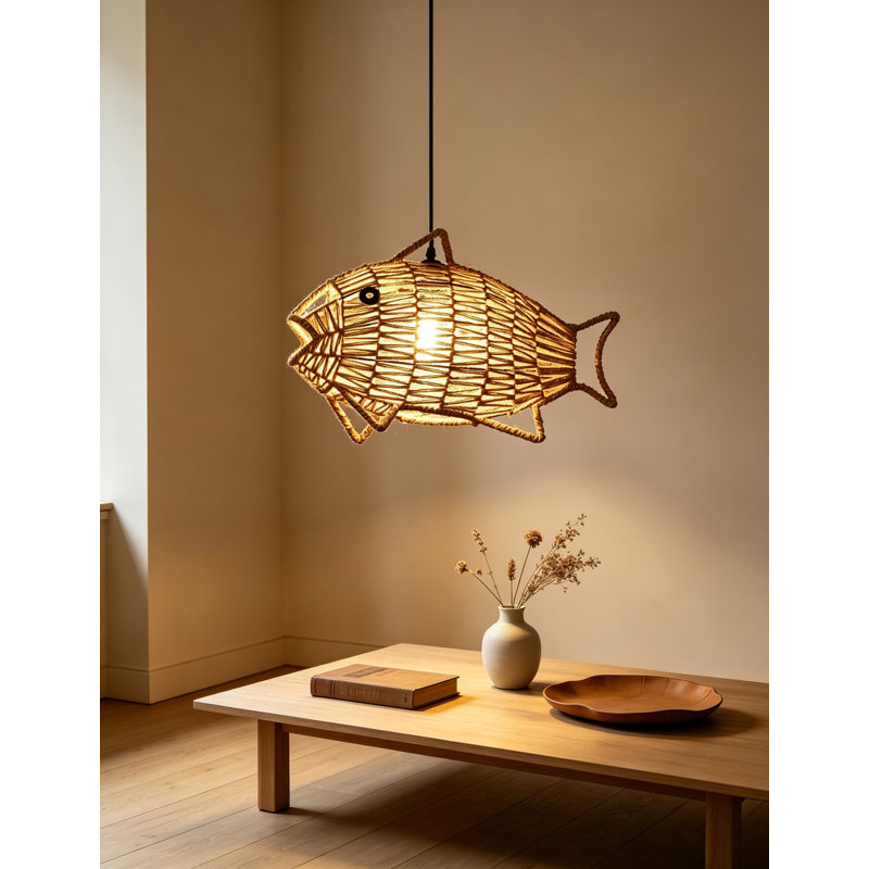 Luminaire suspendu tissé lustre bohème en forme de poisson rustique en corde de chanvre en rotin pour salle à manger salon chambre à coucher cuisine vestibule